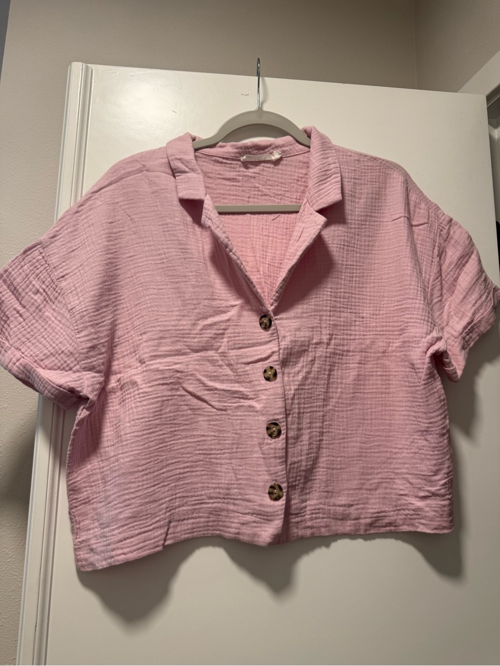 Pink Button-Front Gauze Crop Top
